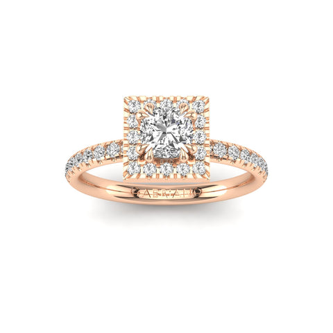 Gabriano Miray 8 tırnaklı tektaş yüzük; GIA-HRD sertifikalı cushion pırlanta ve rose altın montürün üstten görünüşü