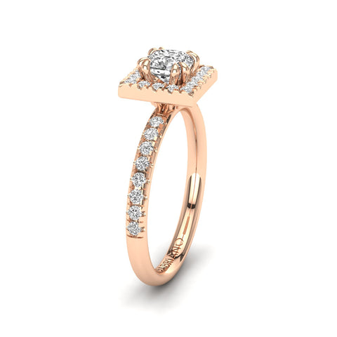 Gabriano Miray 8 tırnaklı tektaş yüzük; GIA-HRD sertifikalı cushion pırlanta ve rose altın montürün yandan görünüşü