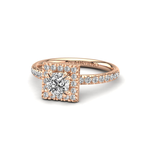 Gabriano Miray 8 tırnaklı tektaş yüzük; GIA-HRD sertifikalı cushion pırlanta ve rose altın montürün üstten görünüşü