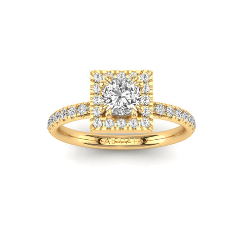 Gabriano Miray 8 tırnaklı tektaş yüzük; GIA-HRD sertifikalı cushion pırlanta ve sarı altın montürün üstten görünüşü