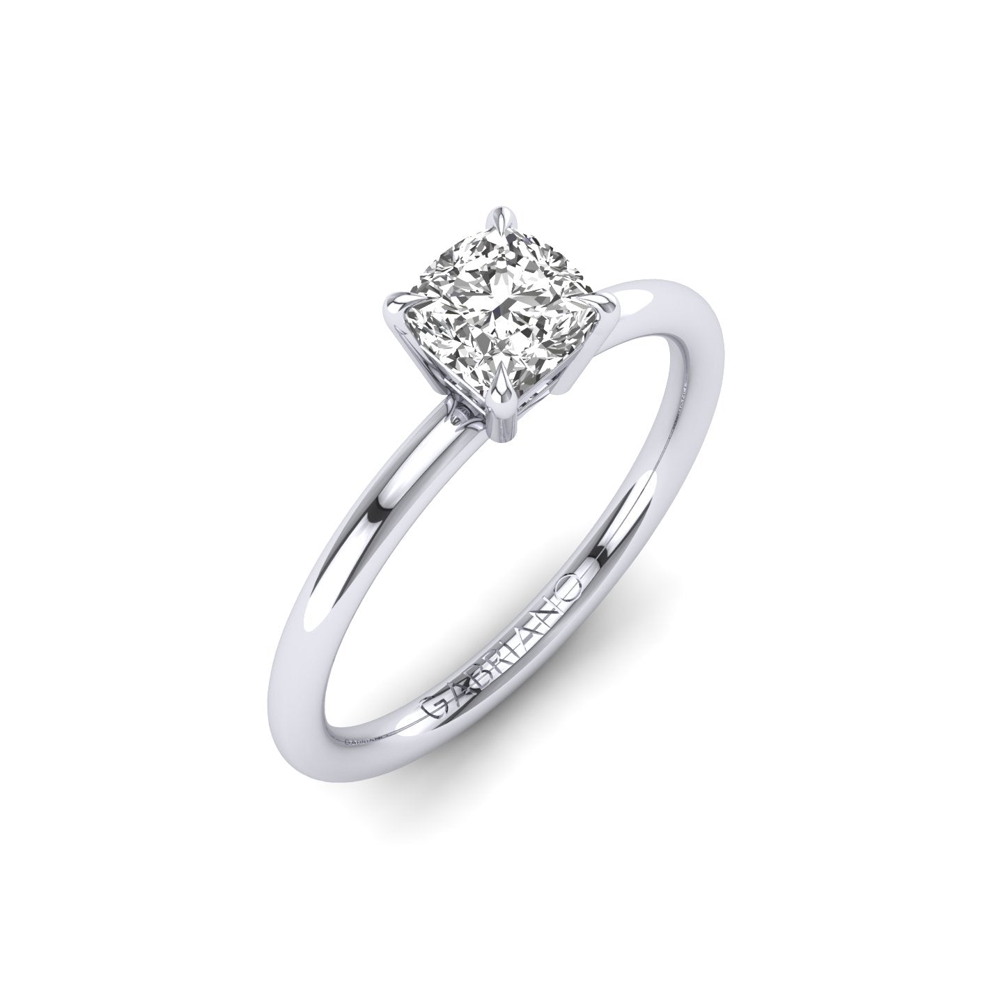 Gabriano Marilena 4 tırnaklı tektaş yüzük; GIA-HRD sertifikalı cushion pırlanta ve beyaz altın montürün üstten görünüşü