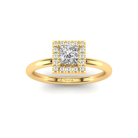 Gabriano Hanna 4 pençe tırnaklı tektaş yüzük; GIA-HRD sertifikalı prenses pırlanta ve sarı altın montürün üstten görünüşü