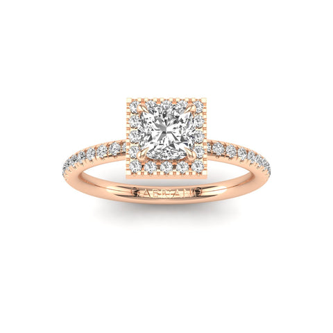 Gabriano Serena 4 tırnaklı tektaş yüzük; GIA-HRD sertifikalı cushion pırlanta ve rose altın montürün üstten görünüşü