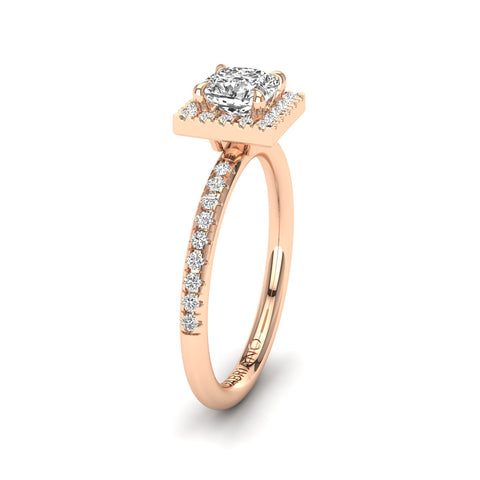 Gabriano Serena 4 tırnaklı tektaş yüzük; GIA-HRD sertifikalı cushion pırlanta ve rose altın montürün yandan görünüşü
