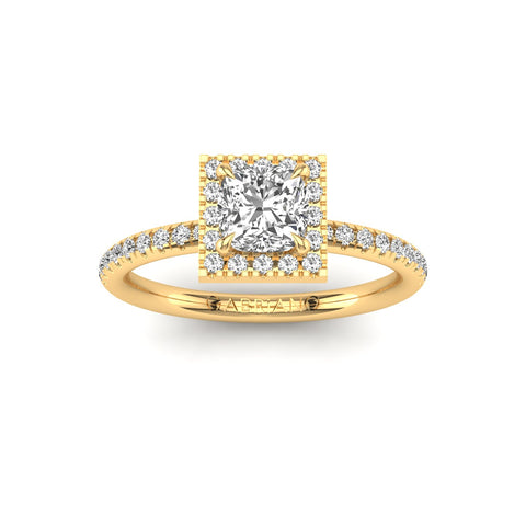 Gabriano Serena 4 tırnaklı tektaş yüzük; GIA-HRD sertifikalı cushion pırlanta ve sarı altın montürün üstten görünüşü