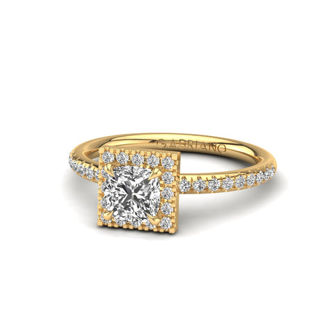 Gabriano Serena 4 tırnaklı tektaş yüzük; GIA-HRD sertifikalı cushion pırlanta ve sarı altın montürün üstten görünüşü