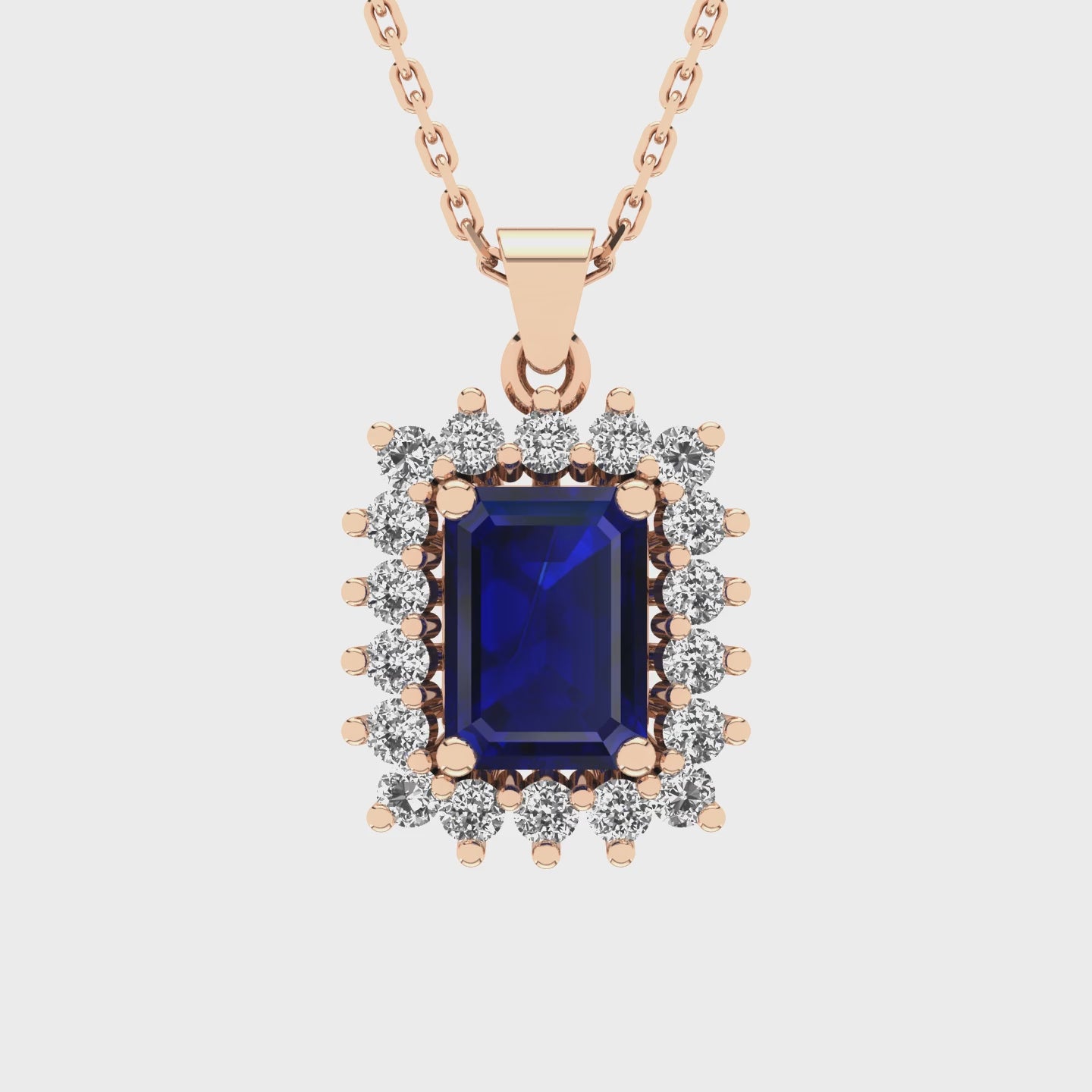 Gabriano Julieth 4 tırnaklı emerald kesim safir kolye;  yuvarlak pırlanta ve rose altın kolye videosu