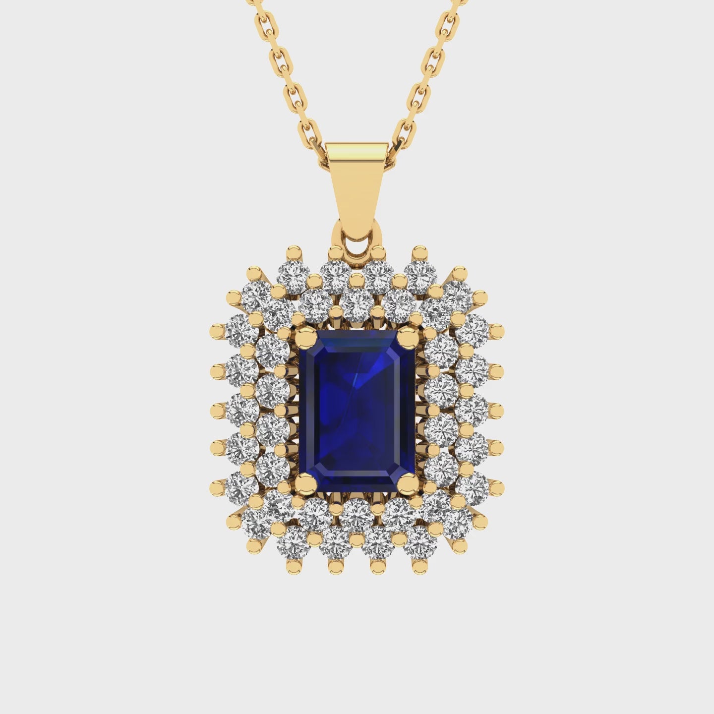 Gabriano Emilia 4 tırnaklı emerald kesim safir kolye;  yuvarlak pırlanta ve sarı altın kolye videosu