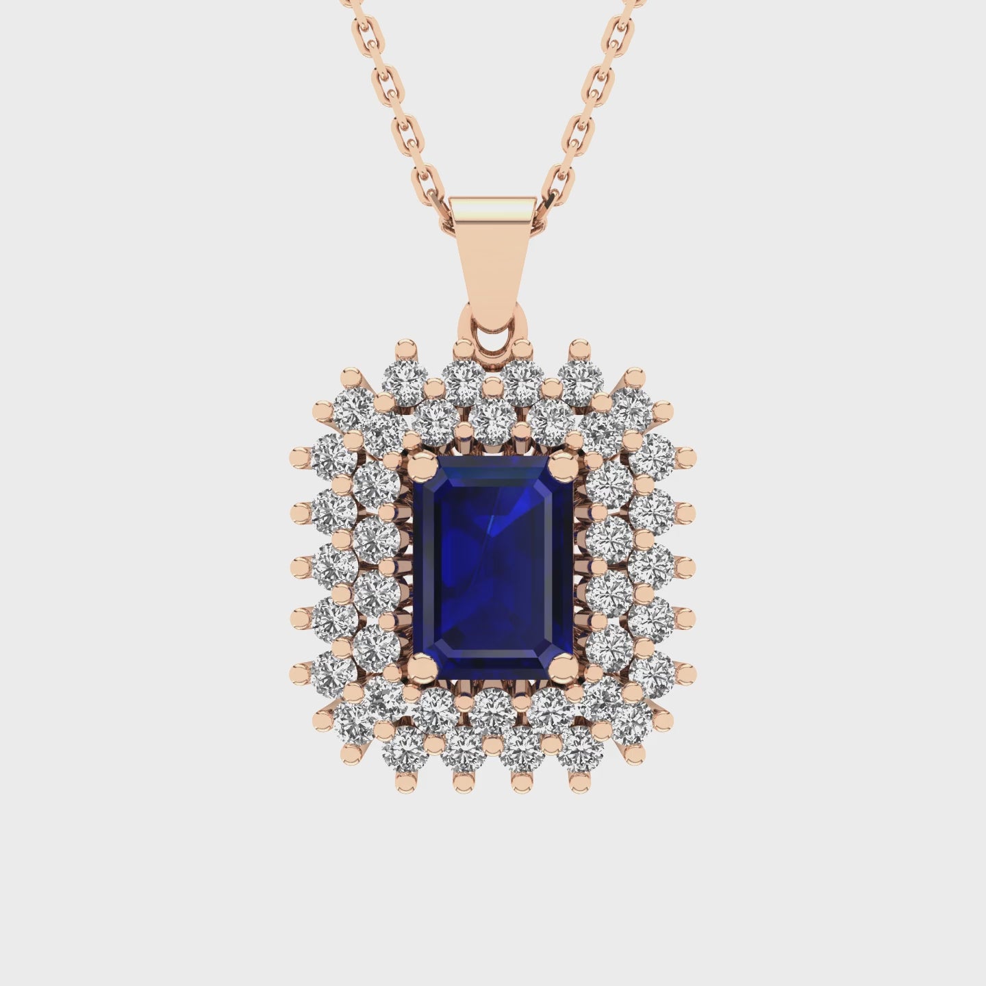 Gabriano Emilia 4 tırnaklı emerald kesim safir kolye;  yuvarlak pırlanta ve rose altın kolye videosu