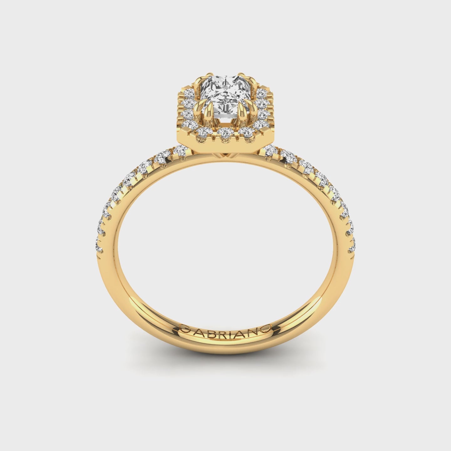 Gabriano Rivara 8 tırnaklı tektaş yüzük; GIA-HRD sertifikalı radiant pırlanta ve sarı altın montürün 360 videosu