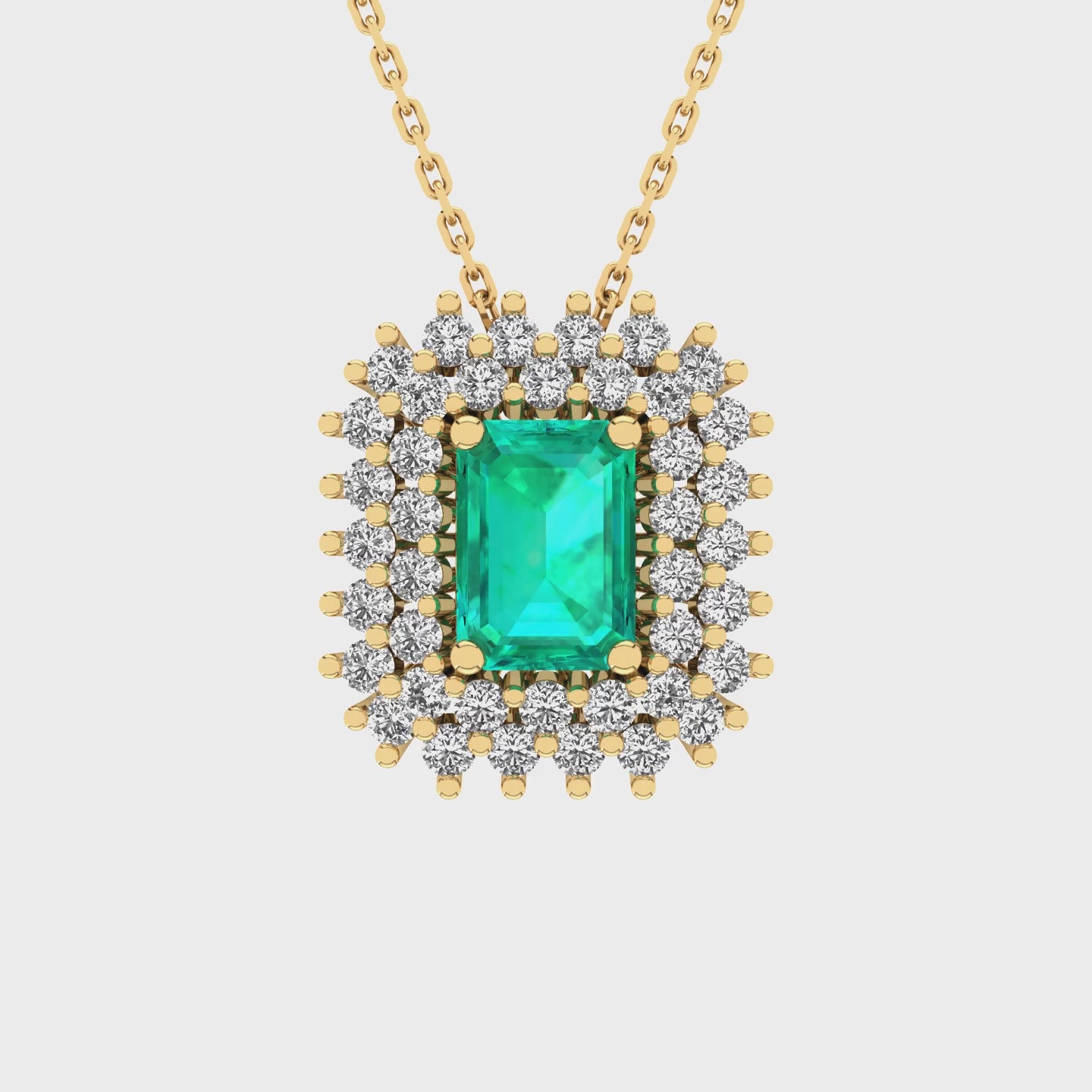 Gabriano Emilia 4 tırnaklı emerald kesim zümrüt kolye;  yuvarlak pırlanta ve sarı altın kolye videosu