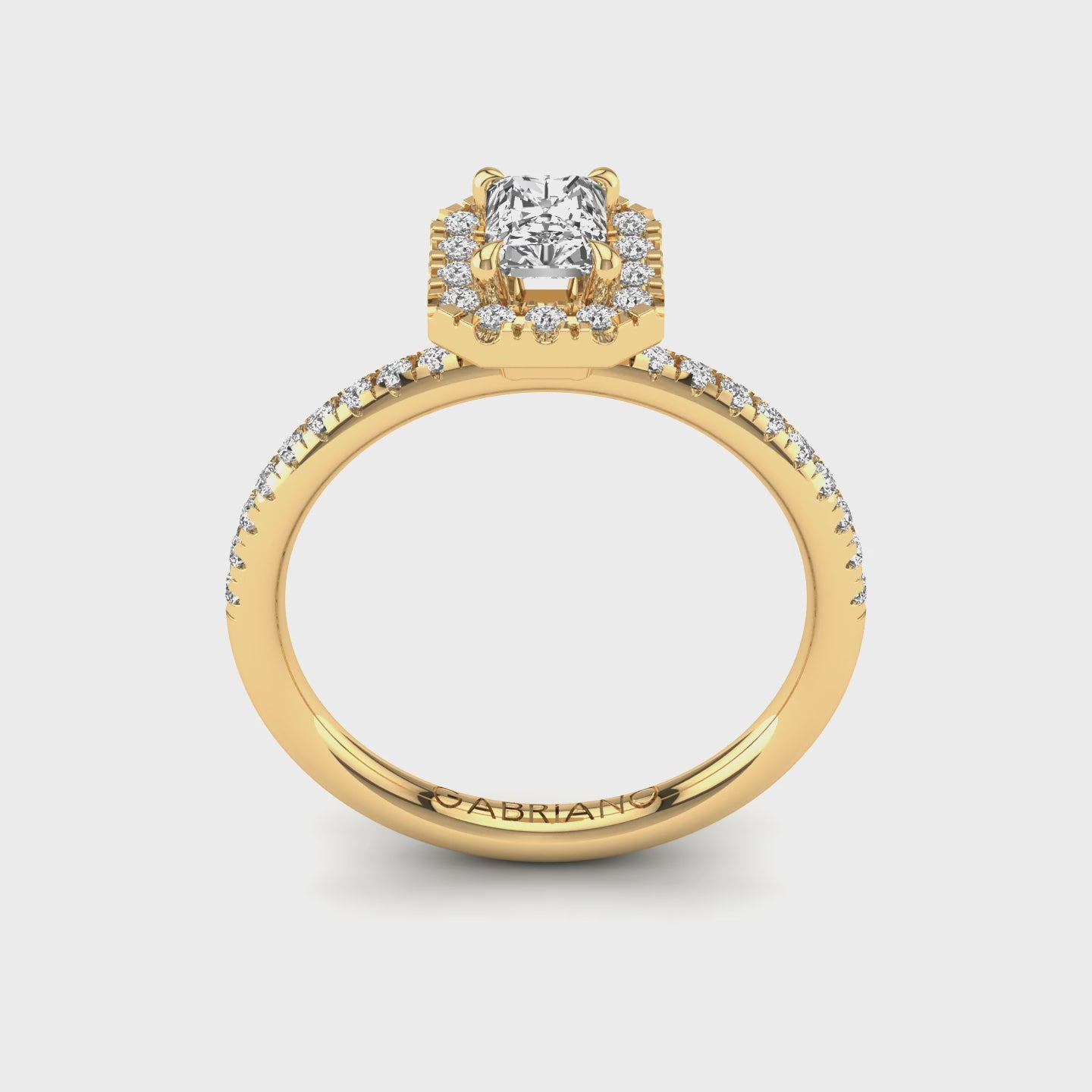 Gabriano Ventura 4 tırnaklı tektaş yüzük; GIA-HRD sertifikalı radiant pırlanta ve sarı altın montürün 360 videosu