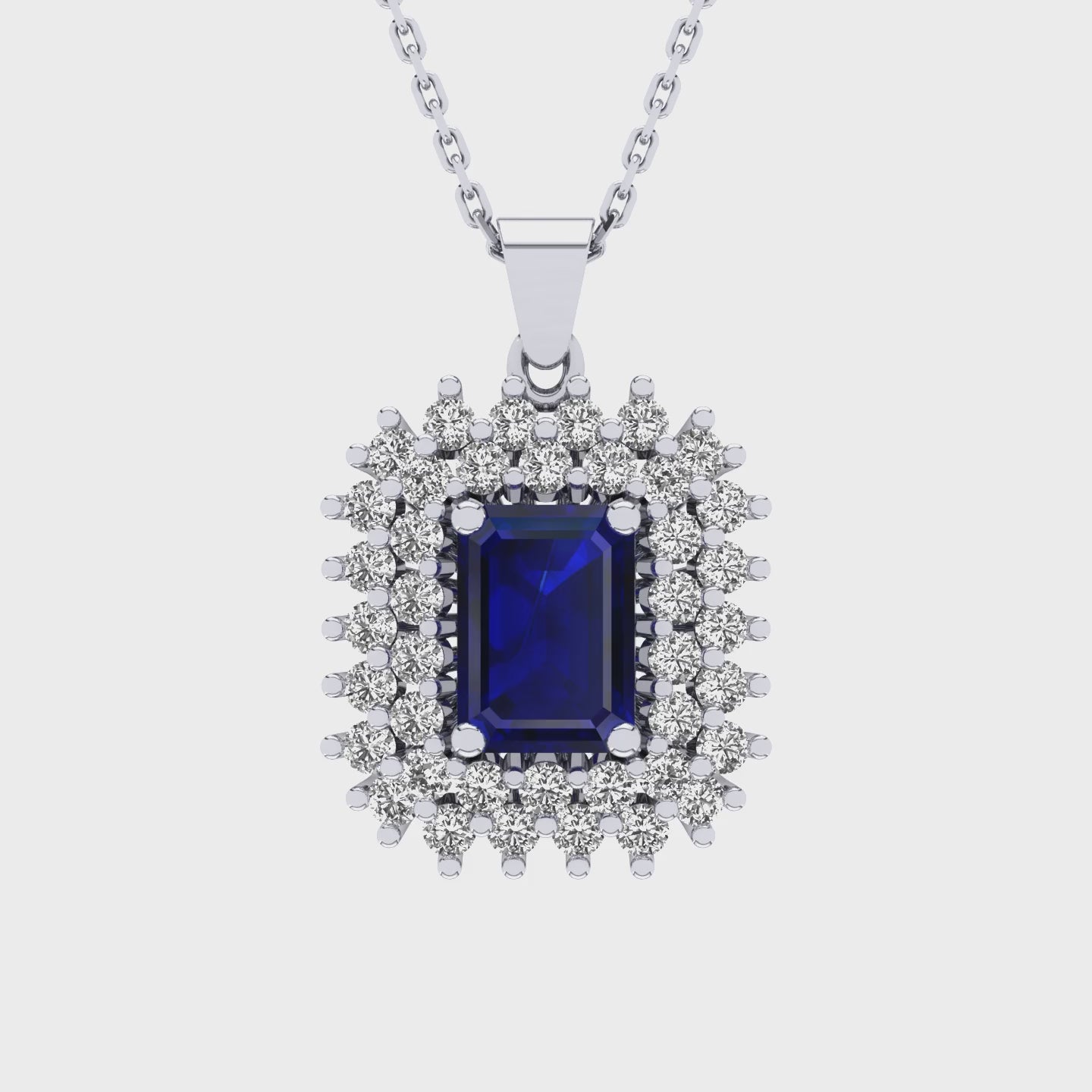 Gabriano Emilia 4 tırnaklı emerald kesim safir kolye;  yuvarlak pırlanta ve beyaz altın kolye videosu