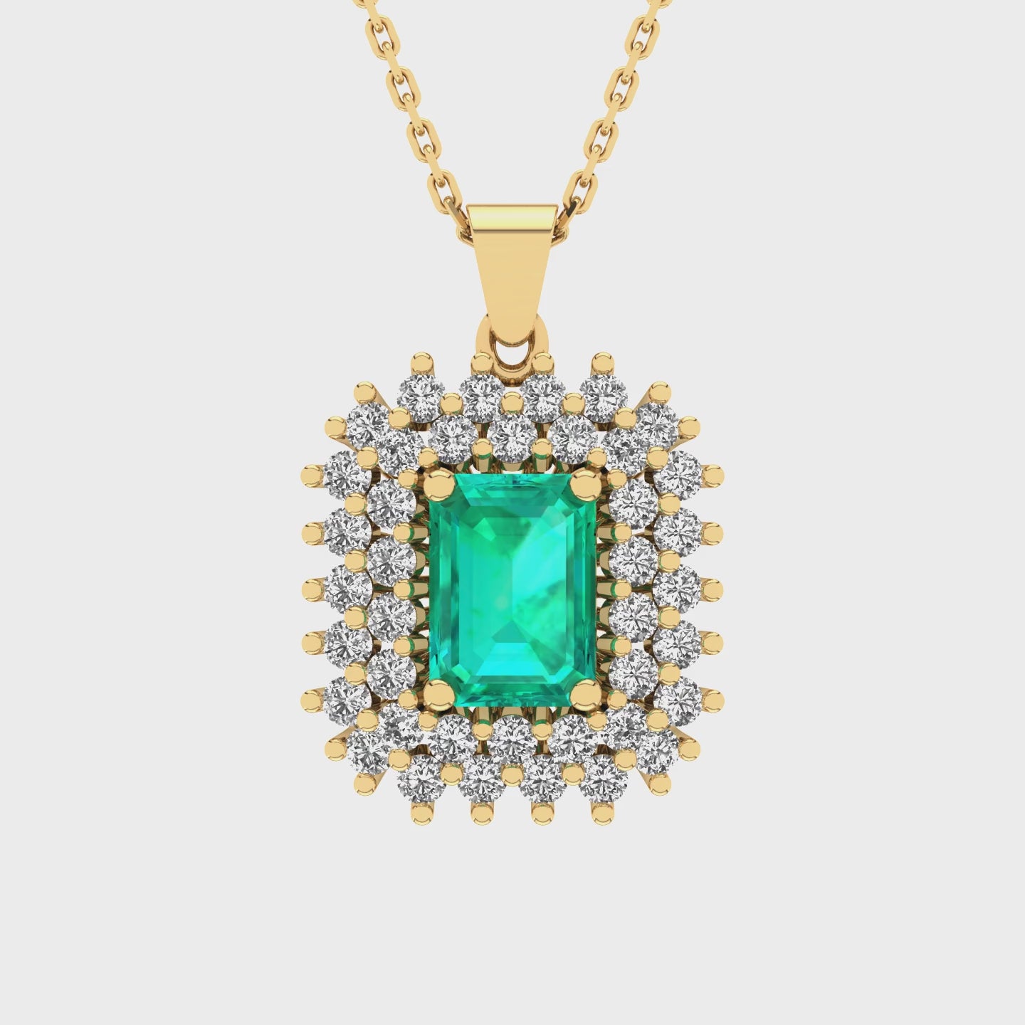 Gabriano Emilia 4 tırnaklı emerald kesim zümrüt kolye;  yuvarlak pırlanta ve sarı altın kolye videosu