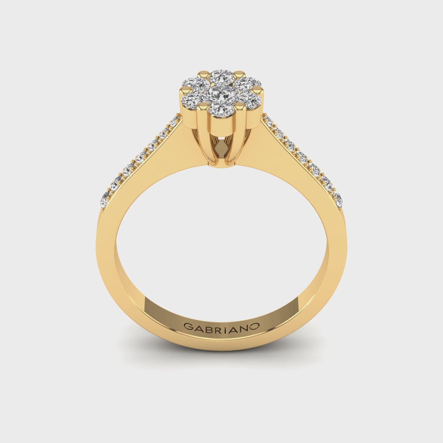 Gabriano Andrea tektaş efektli yüzük; yuvarlak pırlanta ve sarı altın montürün 360 videosu