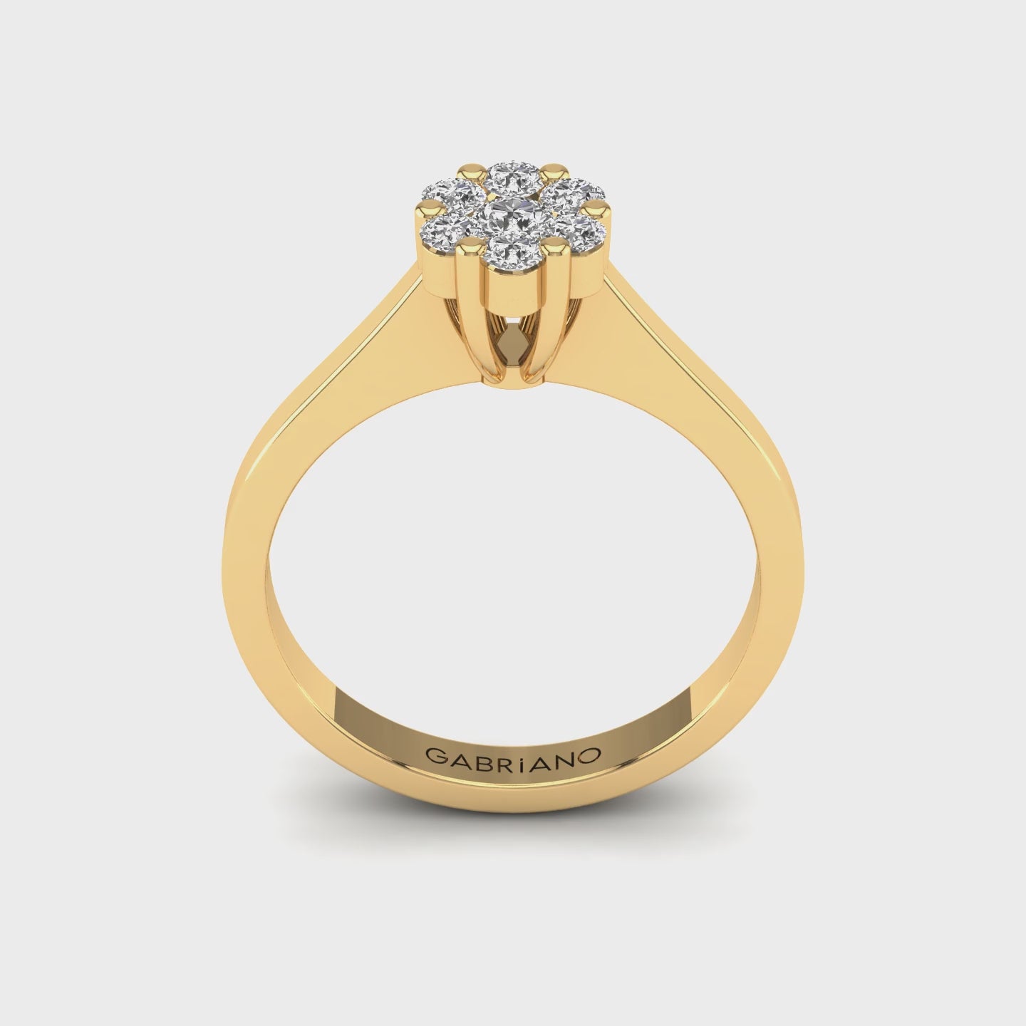 Gabriano Chiara tektaş efektli yüzük; yuvarlak pırlanta ve sarı altın montürün 360 videosu