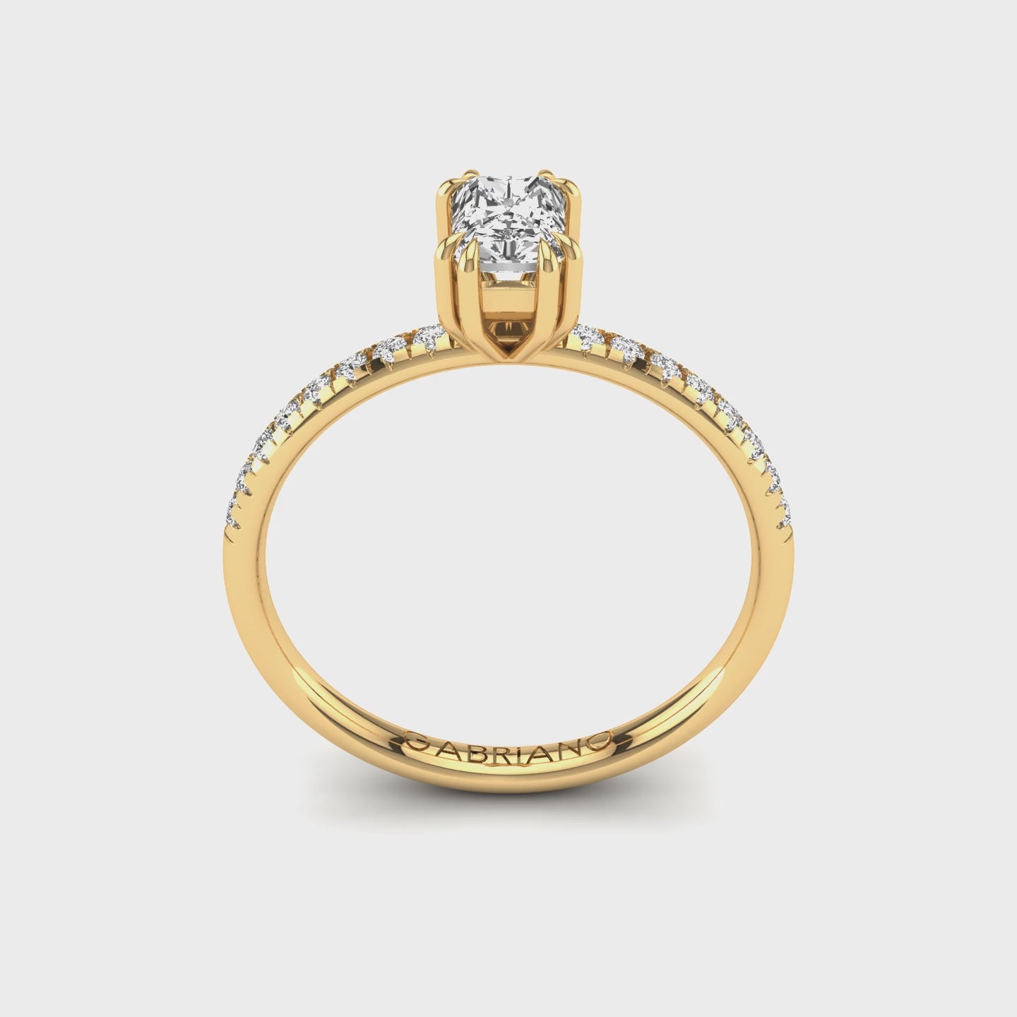 Gabriano Arborea 8 pençe tırnaklı tektaş yüzük; GIA-HRD sertifikalı radiant pırlanta ve sarı altın montürün 360 videosu