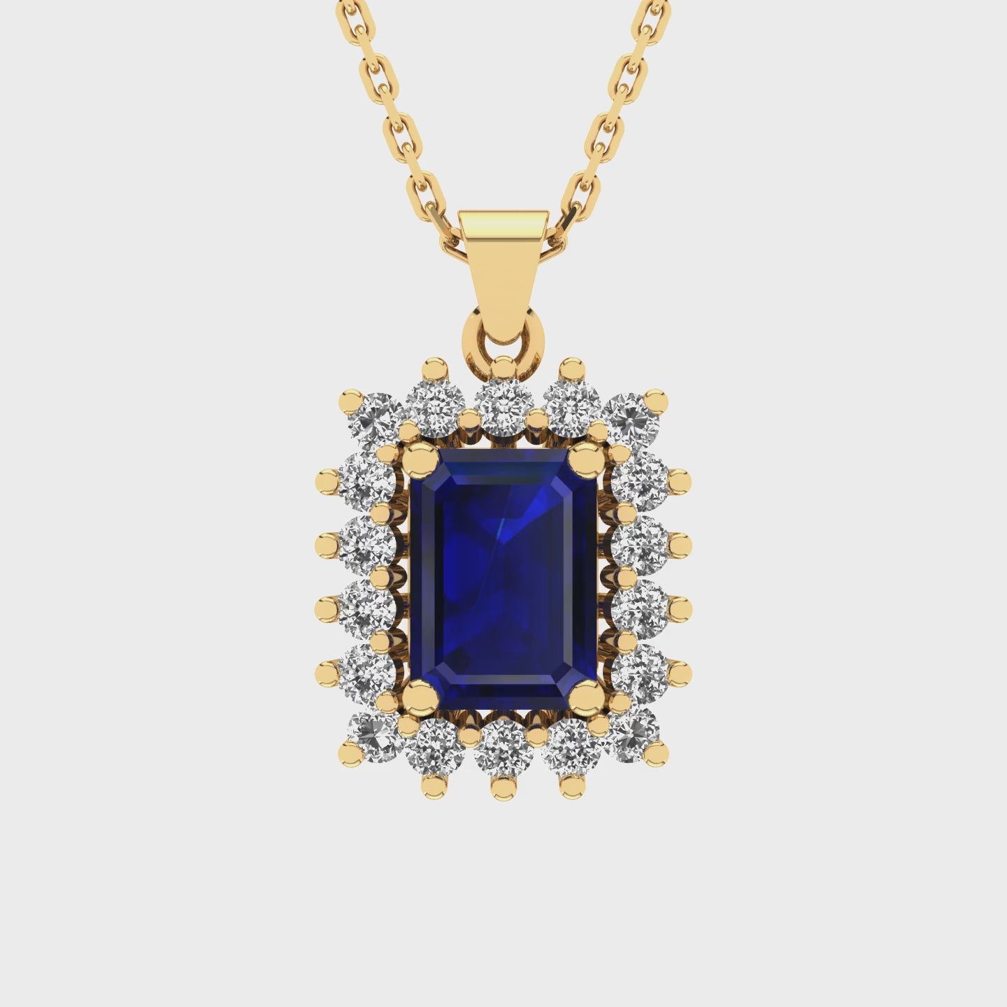 Gabriano Julieth 4 tırnaklı emerald kesim safir kolye;  yuvarlak pırlanta ve sarı altın kolye videosu