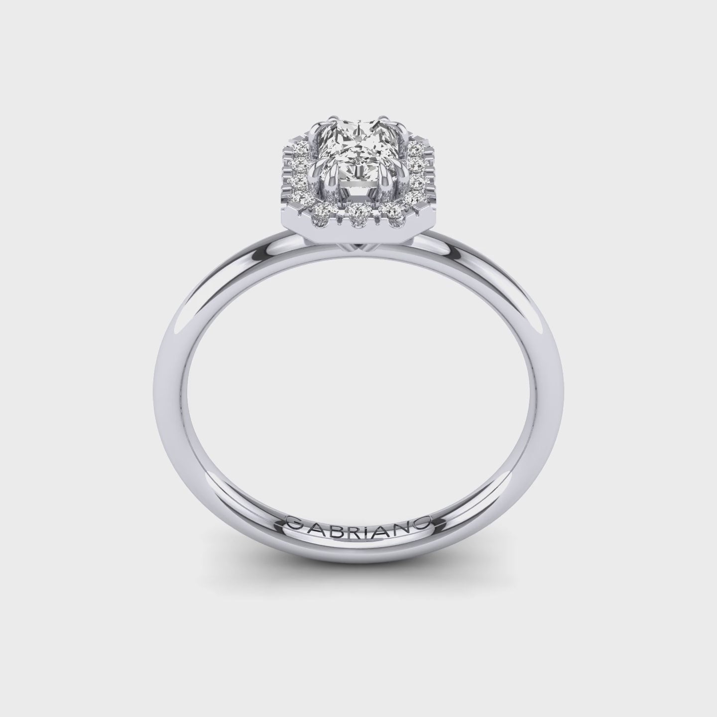 Gabriano Valente 8 pençe tırnaklı tektaş yüzük; GIA-HRD sertifikalı radiant pırlanta ve beyaz altın montürün 360 videosu