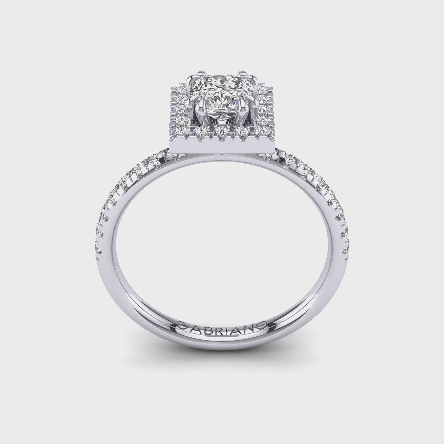 Gabriano Miray 8 tırnaklı tektaş yüzük; GIA-HRD sertifikalı cushion pırlanta ve beyaz altın montürün 360 videosu