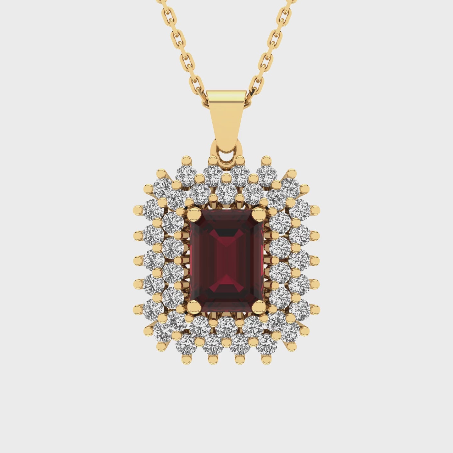 Gabriano Emilia 4 tırnaklı emerald kesim yakut kolye;  yuvarlak pırlanta ve sarı altın kolye vidosu