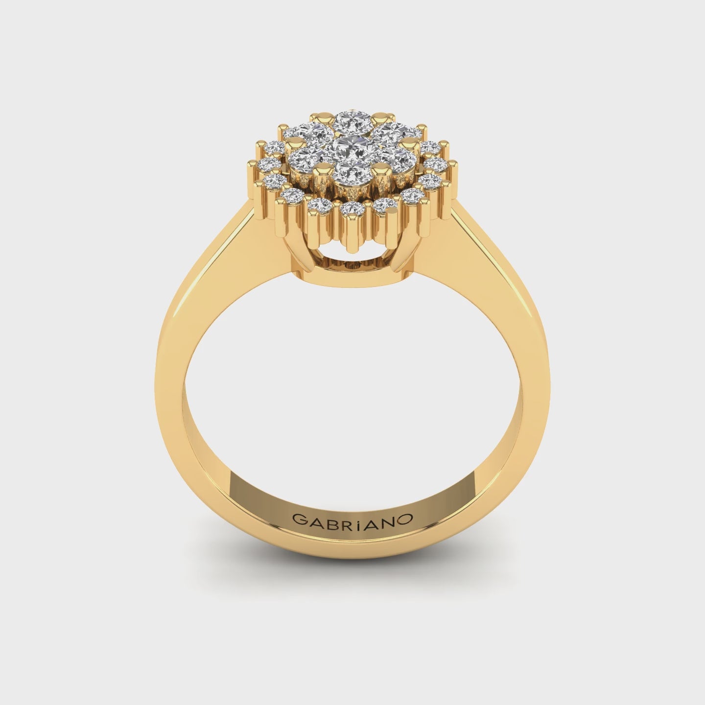 Gabriano Nemesis tektaş efektli yüzük; yuvarlak pırlanta ve sarı altın montürün 360 videosu