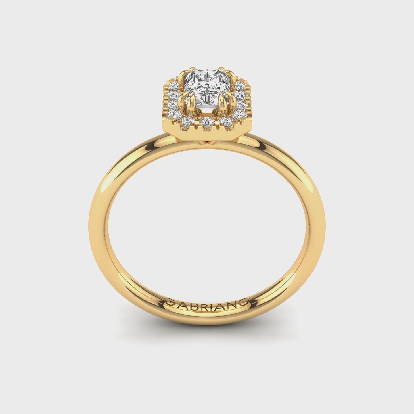 Gabriano Valente 8 pençe tırnaklı tektaş yüzük; GIA-HRD sertifikalı radiant pırlanta ve sarı altın montürün 360 videosu