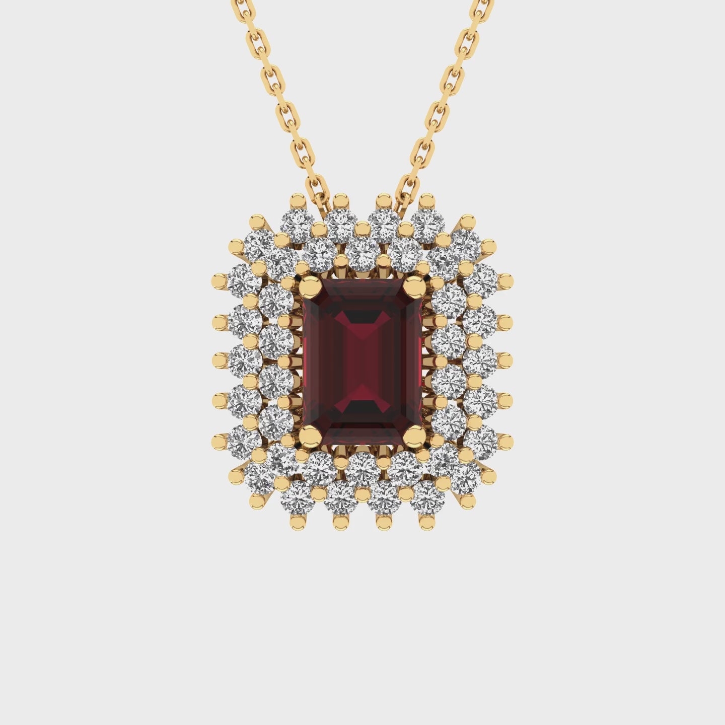 Gabriano Emilia 4 tırnaklı emerald kesim yakut kolye;  yuvarlak pırlanta ve sarı altın kolye vidosu