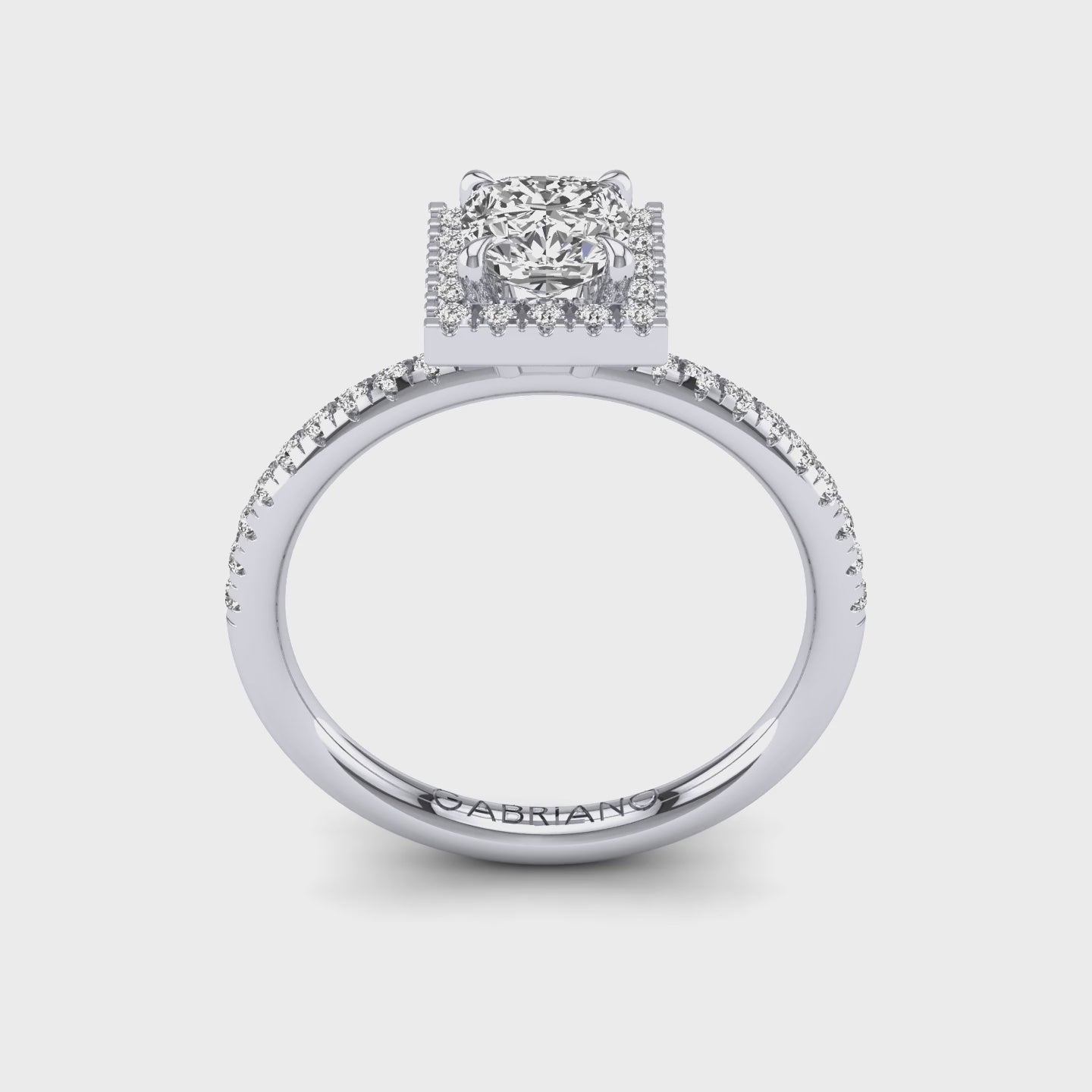 Gabriano Serena 4 tırnaklı tektaş yüzük; GIA-HRD sertifikalı cushion pırlanta ve beyaz altın montürün 360 videosu