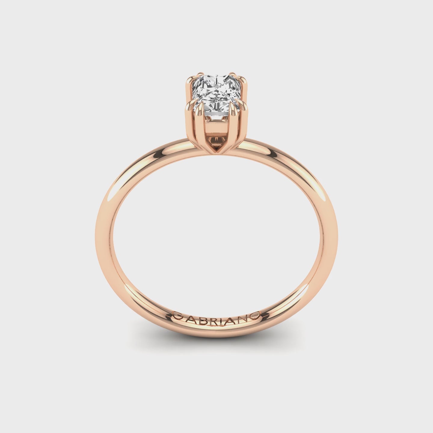 Gabriano Kaleidos 8 pençe tırnaklı tektaş yüzük; GIA-HRD sertifikalı radiant pırlanta ve rose altın montürün 360 videosu