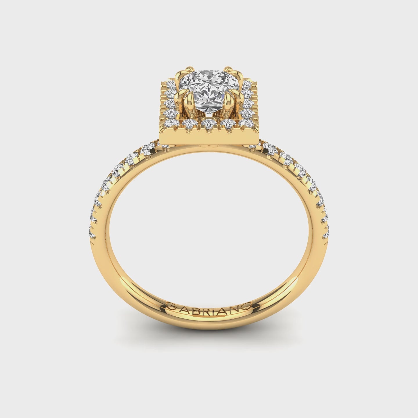 Gabriano Miray 8 tırnaklı tektaş yüzük; GIA-HRD sertifikalı cushion pırlanta ve sarı altın montürün 360 videosu