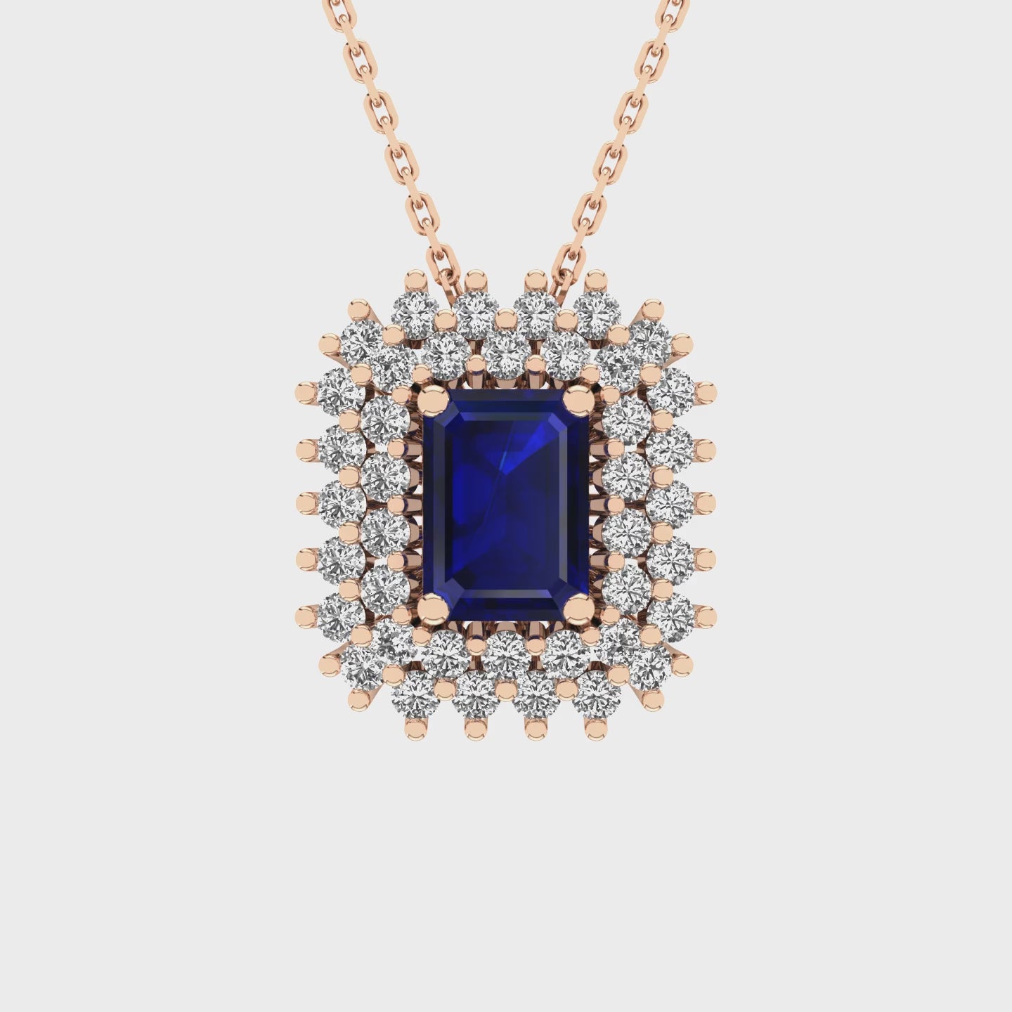 Gabriano Emilia 4 tırnaklı emerald kesim safir kolye;  yuvarlak pırlanta ve rose altın kolye videosu
