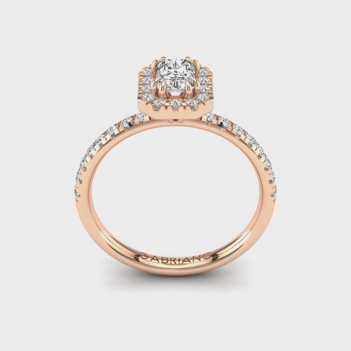 Gabriano Rivara 8 tırnaklı tektaş yüzük; GIA-HRD sertifikalı radiant pırlanta ve rose altın montürün 360 videosu