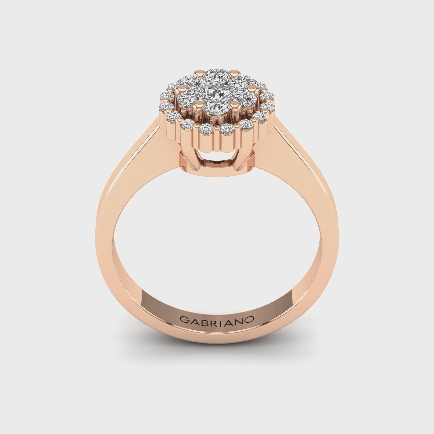 Gabriano Mellonia tektaş efektli yüzük; yuvarlak pırlanta ve rose altın montürün 360 videosu