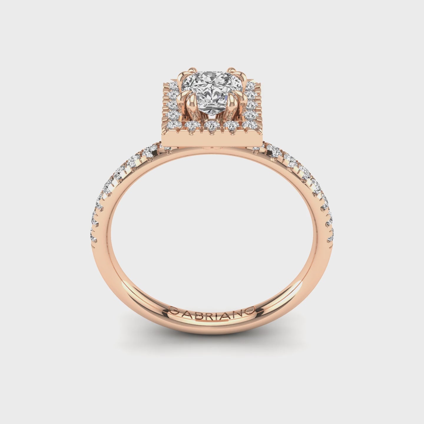 Gabriano Miray 8 tırnaklı tektaş yüzük; GIA-HRD sertifikalı cushion pırlanta ve rose altın montürün 360 videosu