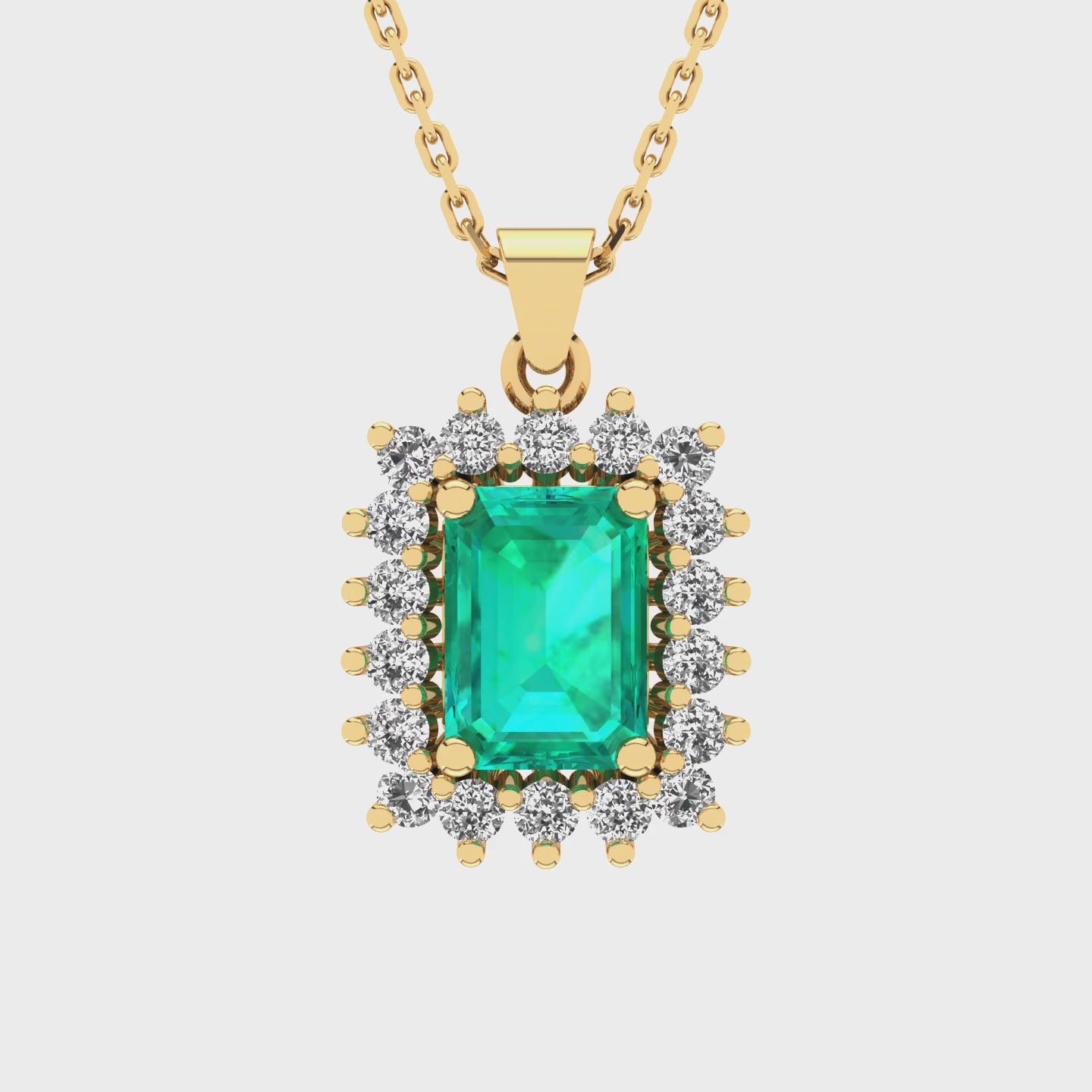 Gabriano Julieth 4 tırnaklı emerald kesim zümrüt kolye;  yuvarlak pırlanta ve sarı altın kolye videosu