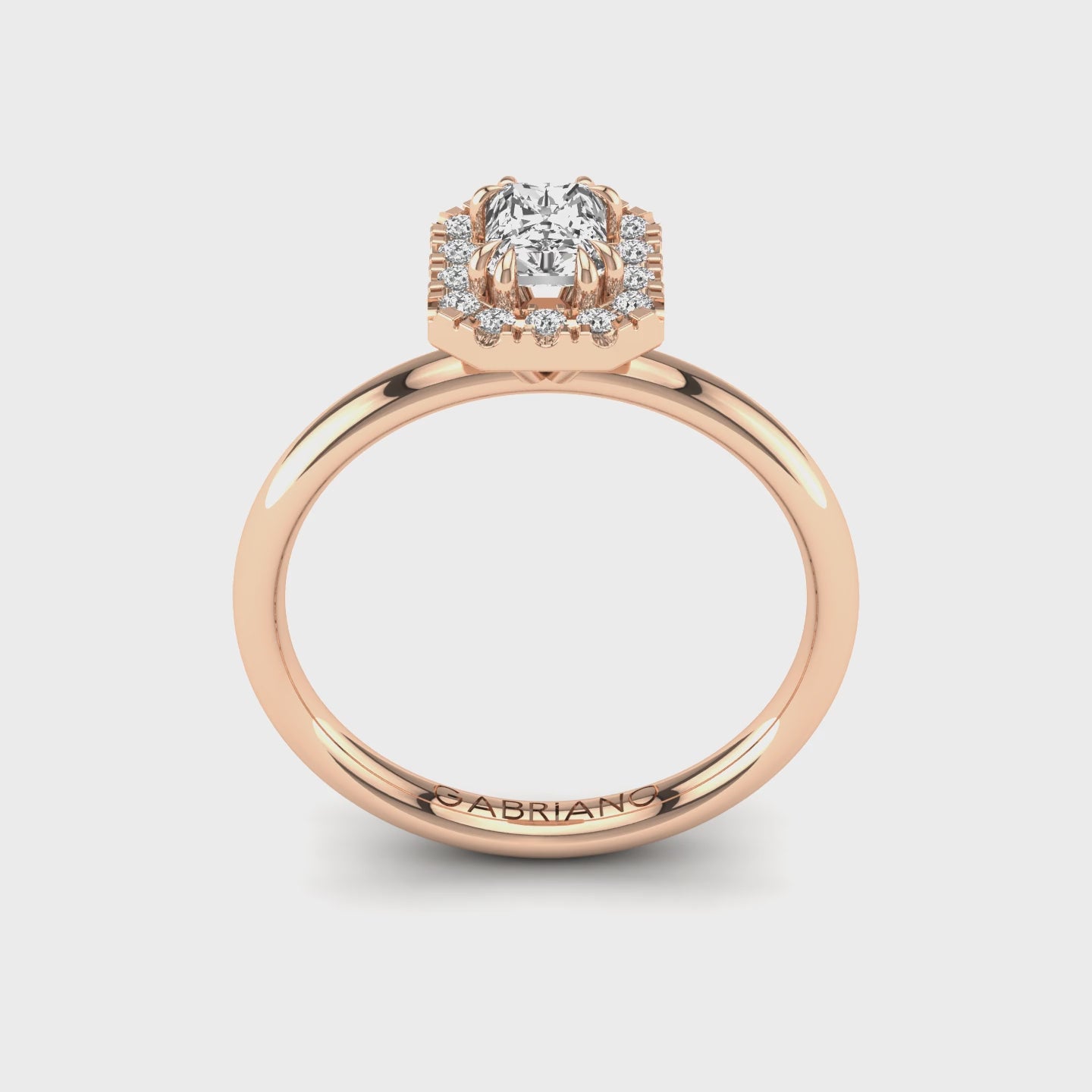 Gabriano Valente 8 pençe tırnaklı tektaş yüzük; GIA-HRD sertifikalı radiant pırlanta ve rose altın montürün 360 videosu