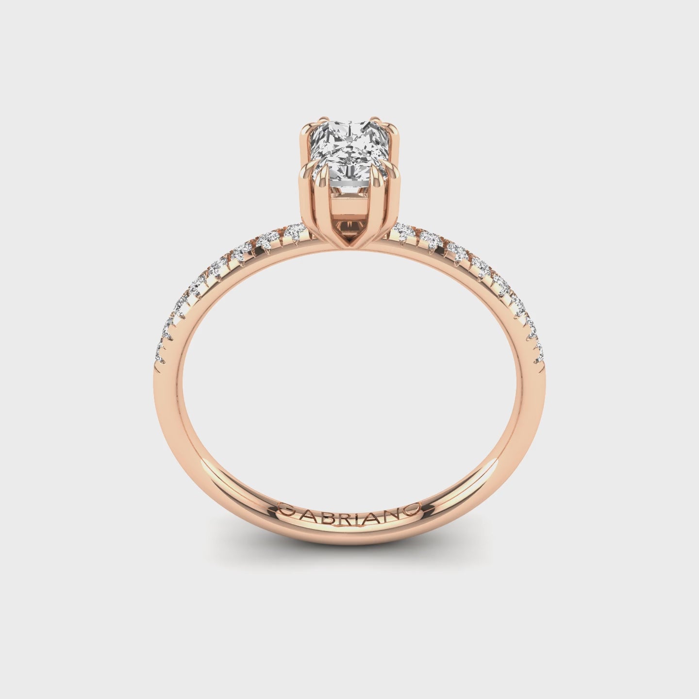 Gabriano Arborea 8 pençe tırnaklı tektaş yüzük; GIA-HRD sertifikalı radiant pırlanta ve rose altın montürün 360 videosu