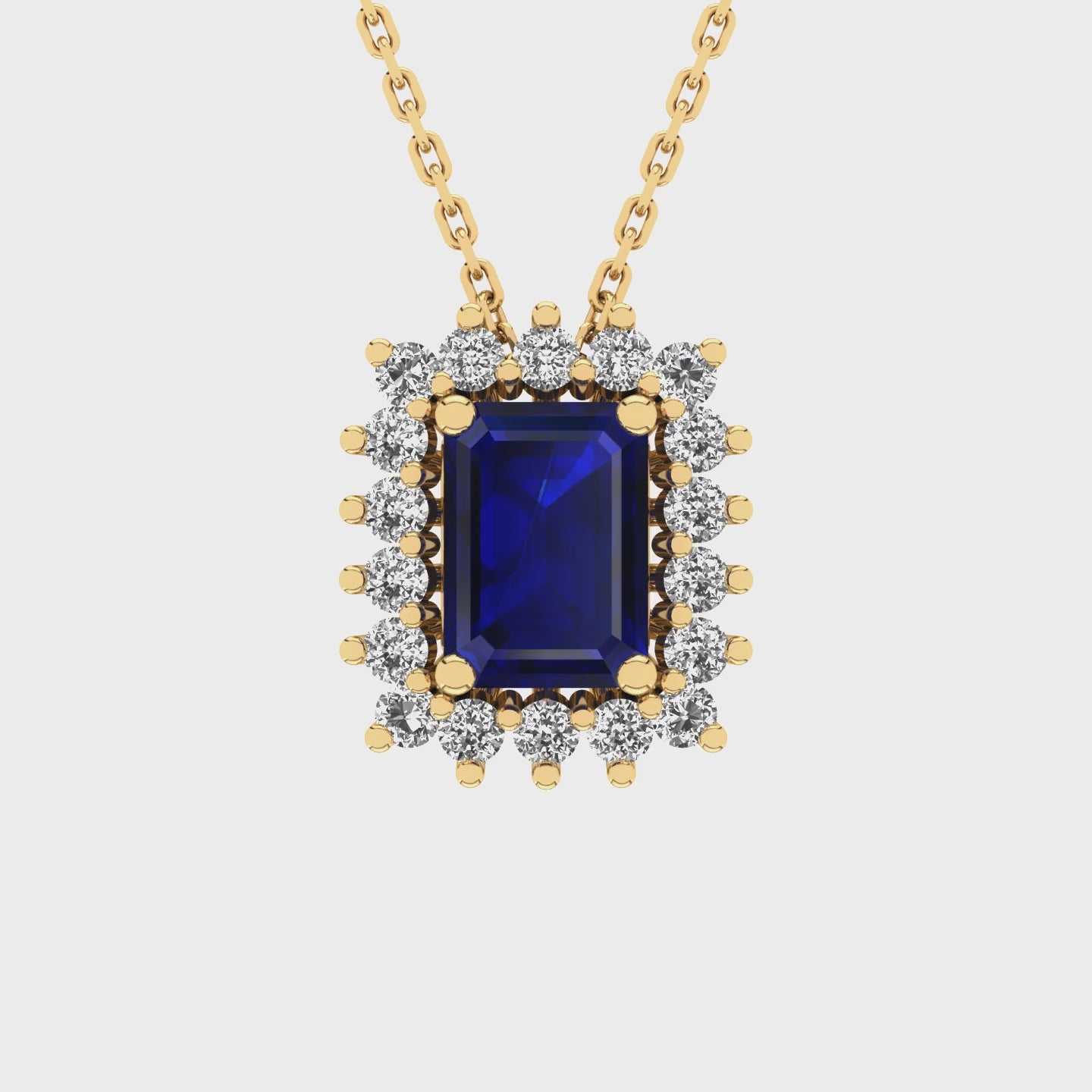 Gabriano Julieth 4 tırnaklı emerald kesim safir kolye;  yuvarlak pırlanta ve sarı altın kolye videosu