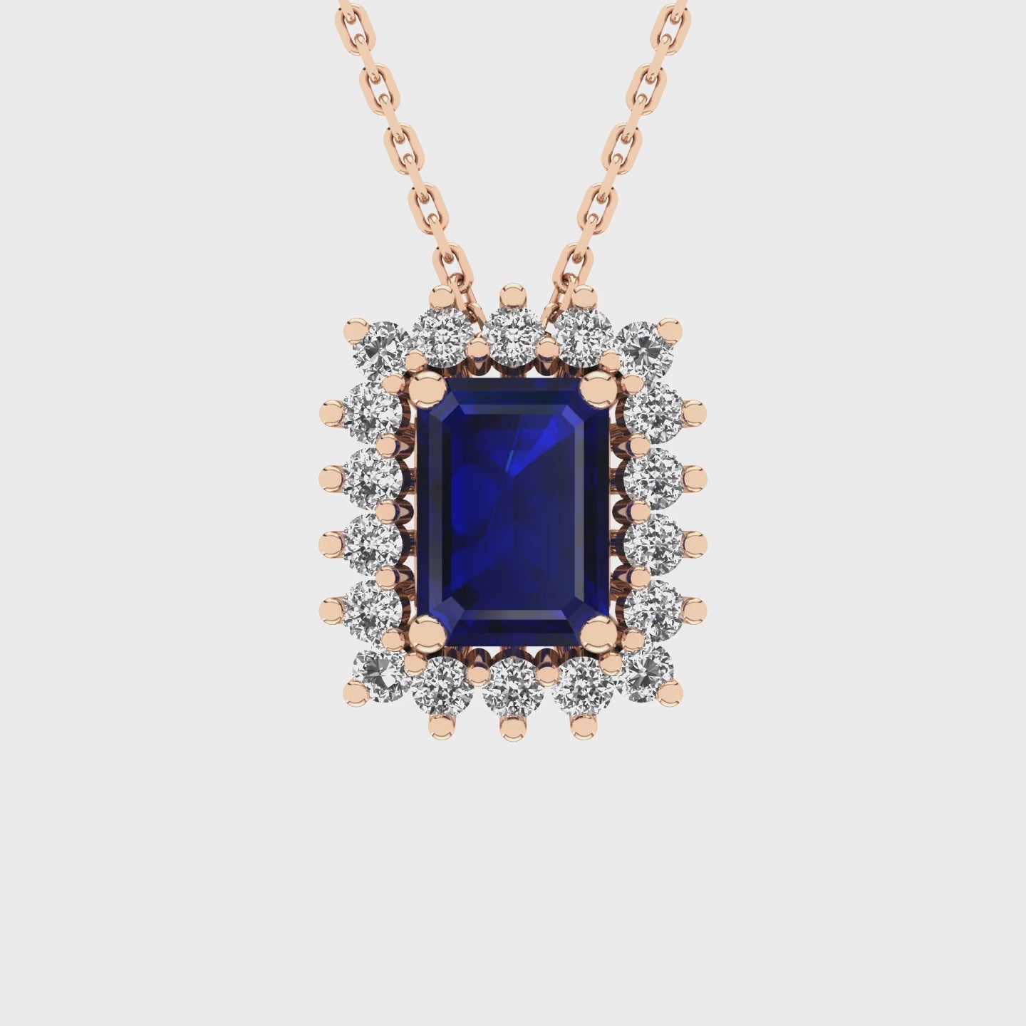 Gabriano Julieth 4 tırnaklı emerald kesim safir kolye;  yuvarlak pırlanta ve rose altın kolye videosu