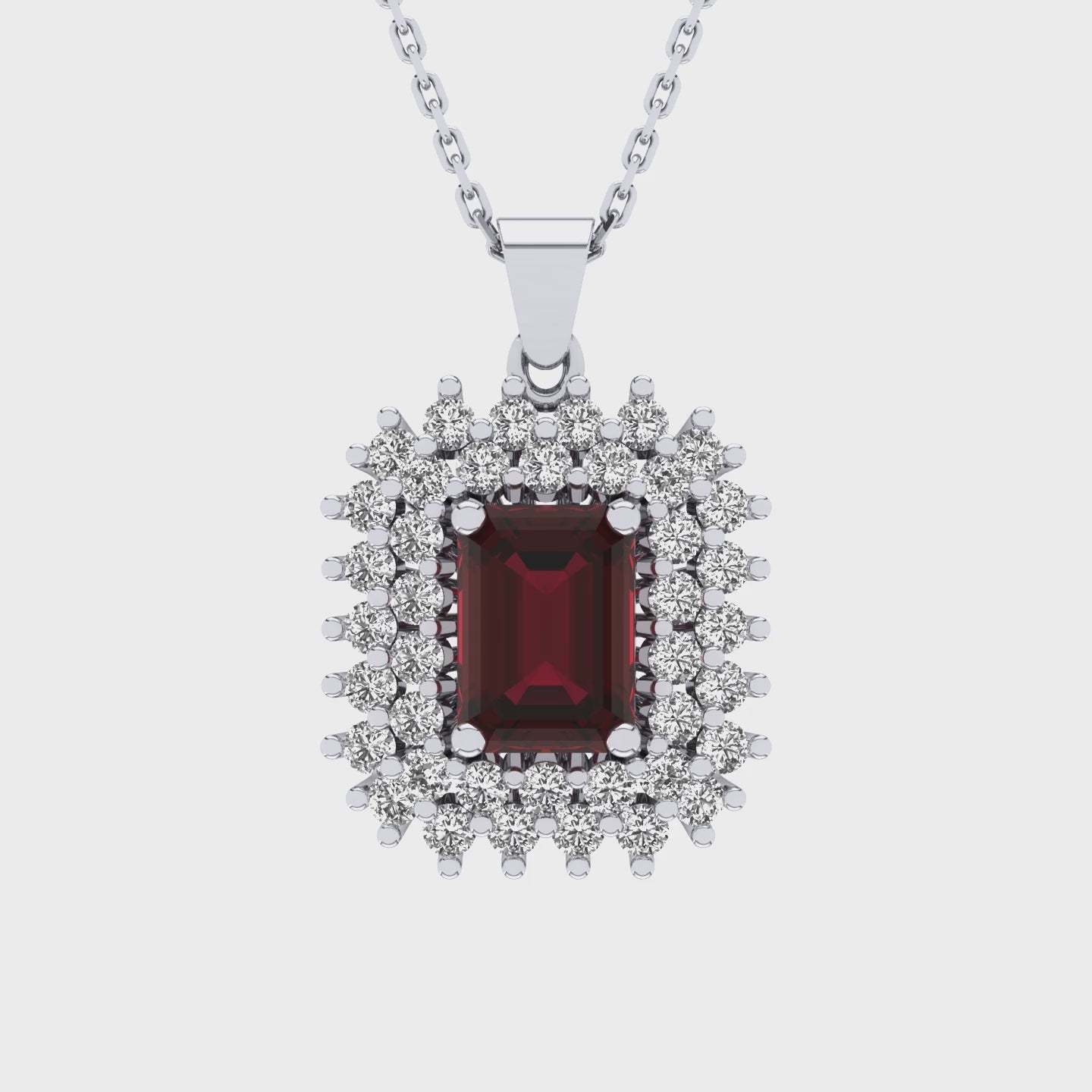 Gabriano Emilia 4 tırnaklı emerald kesim yakut kolye;  yuvarlak pırlanta ve beyaz altın kolye vidosu