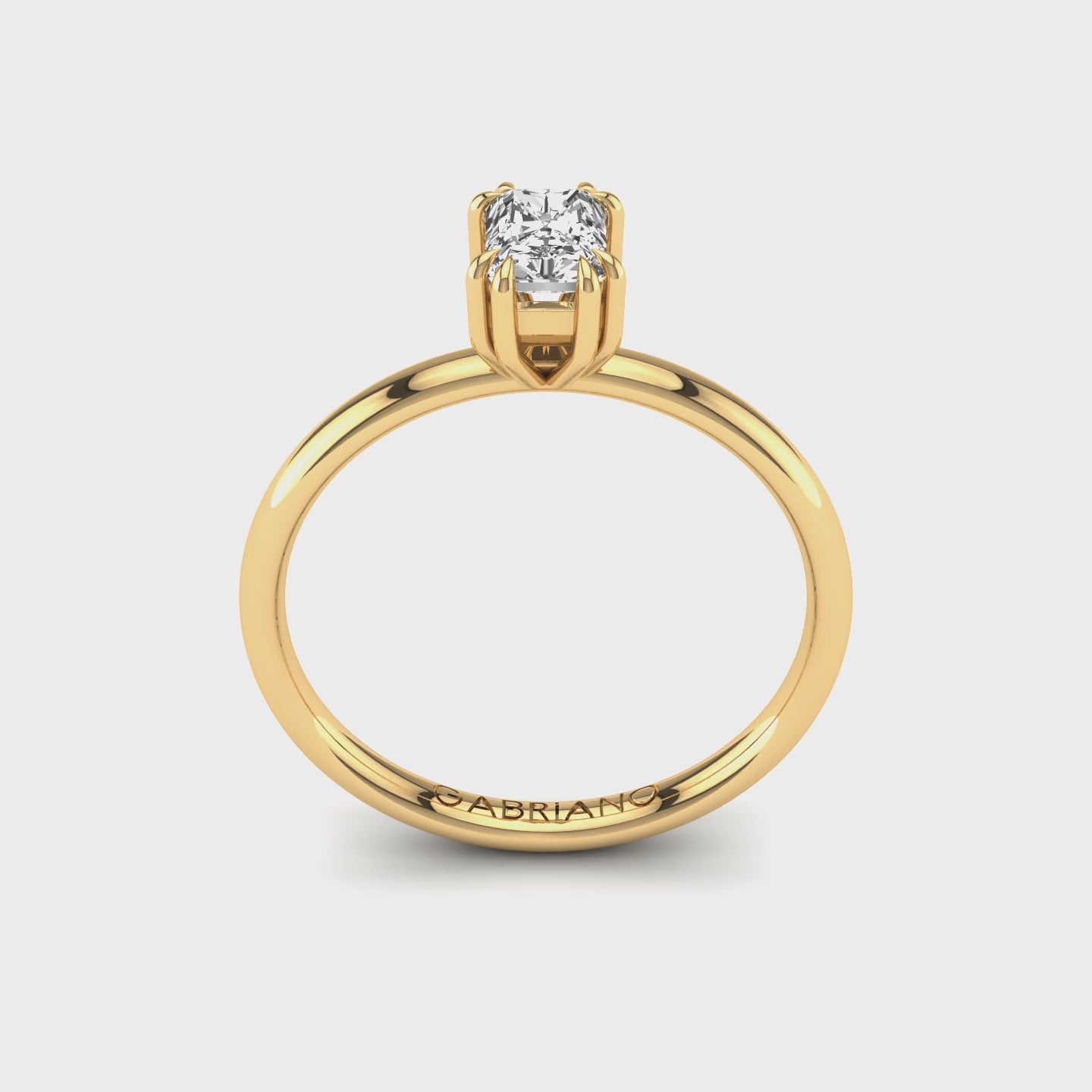 Gabriano Kaleidos 8 tırnaklı tektaş yüzük; GIA-HRD sertifikalı radiant pırlanta ve sarı altın montürün 360 videosu