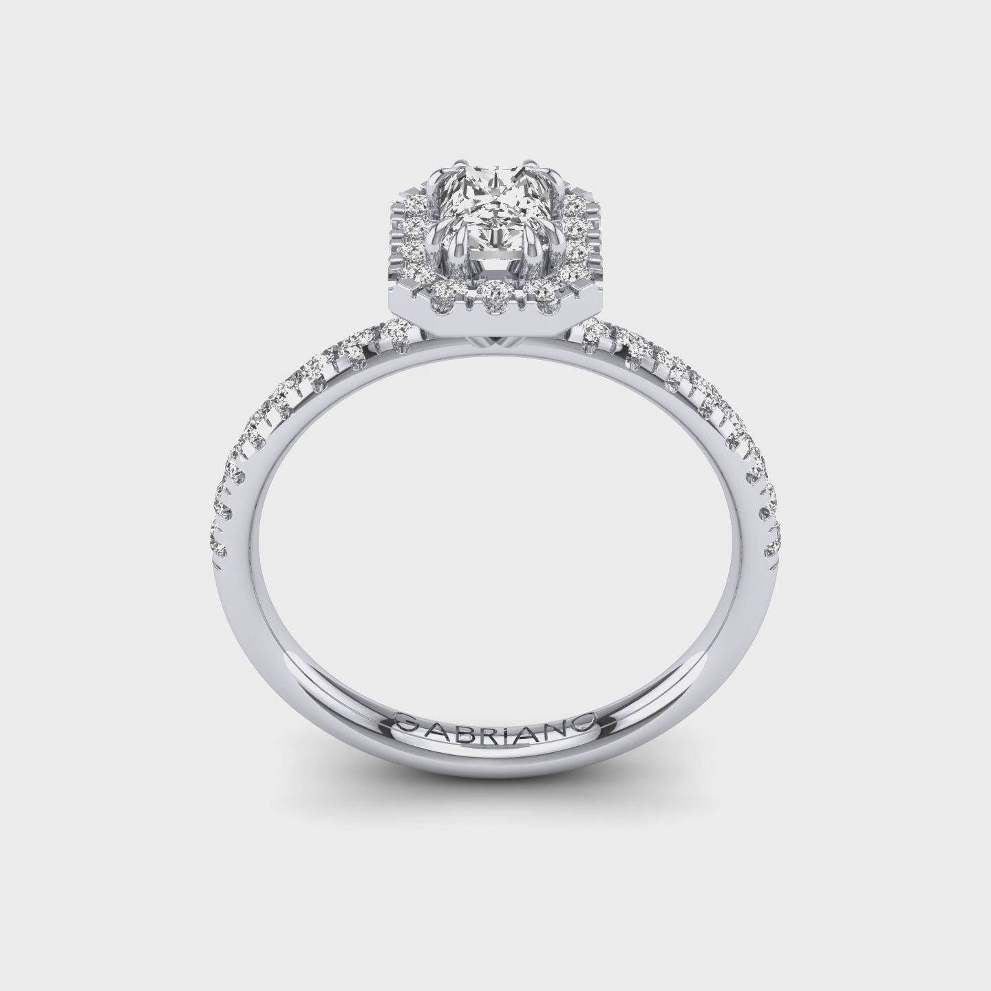 Gabriano Rivara 8 tırnaklı tektaş yüzük; GIA-HRD sertifikalı radiant pırlanta ve beyaz altın montürün 360 videosu