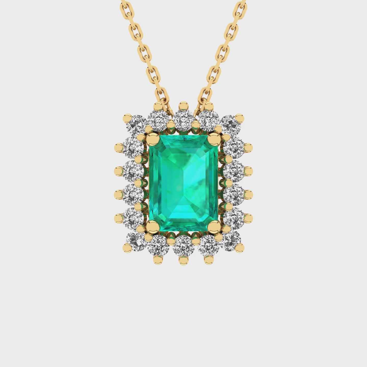 Gabriano Julieth 4 tırnaklı emerald kesim zümrüt kolye;  yuvarlak pırlanta ve sarı altın kolye videosu