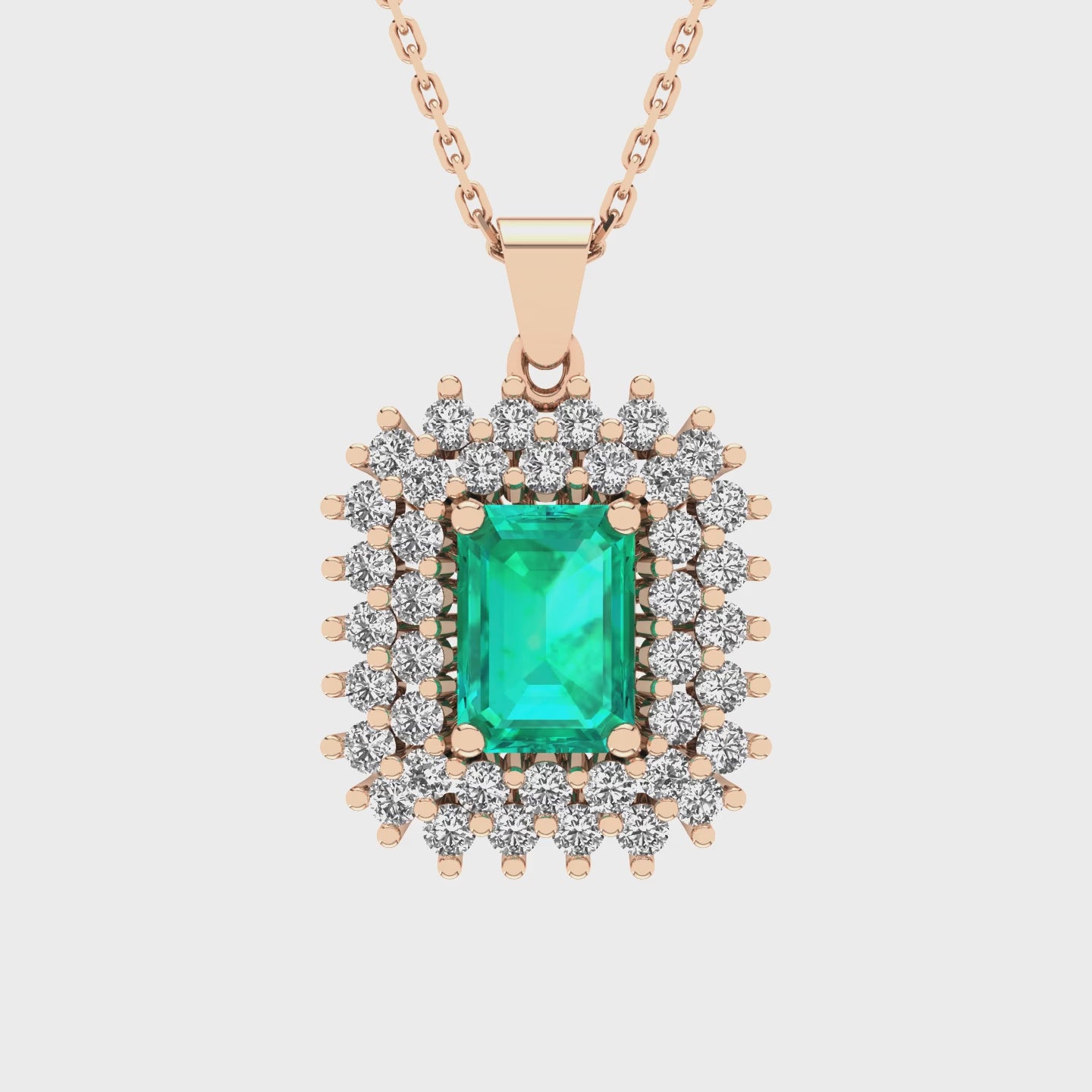Gabriano Emilia 4 tırnaklı emerald kesim zümrüt kolye;  yuvarlak pırlanta ve rose altın kolye videosu
