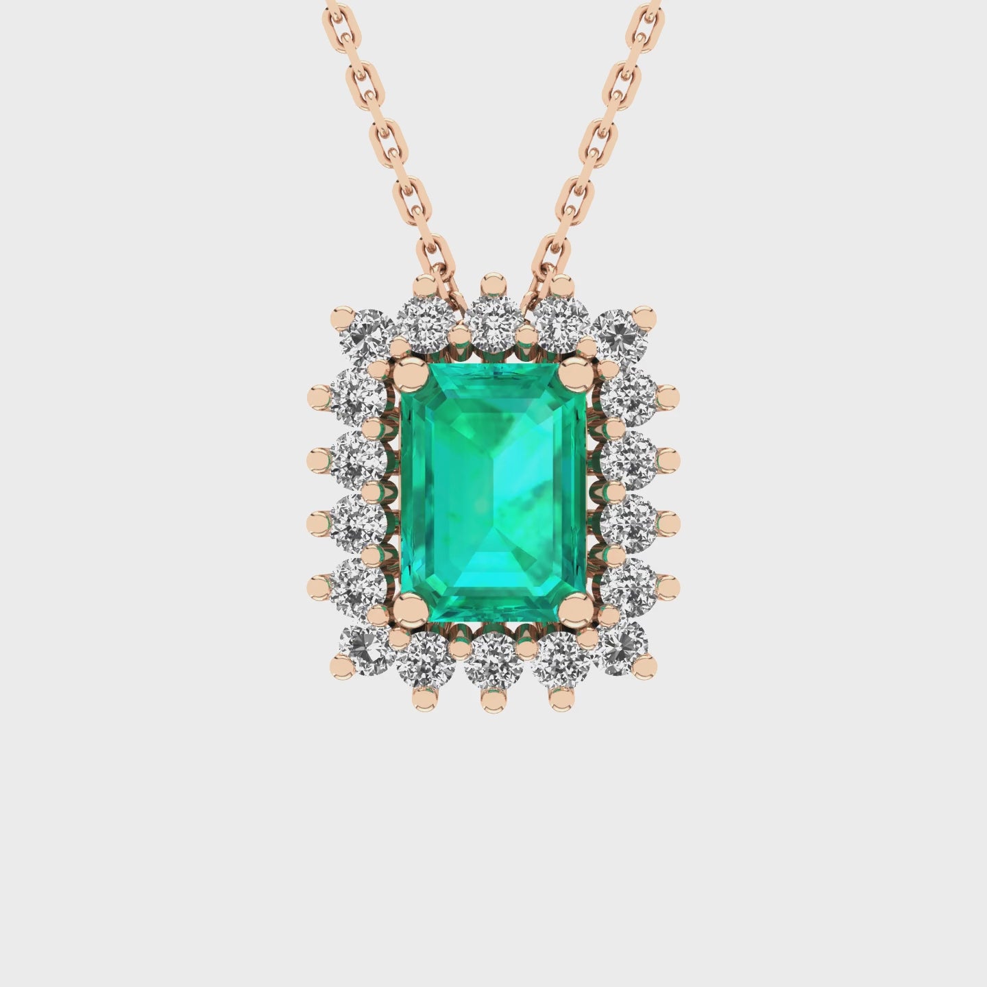 Gabriano Julieth 4 tırnaklı emerald kesim zümrüt kolye;  yuvarlak pırlanta ve rose altın kolye videosu