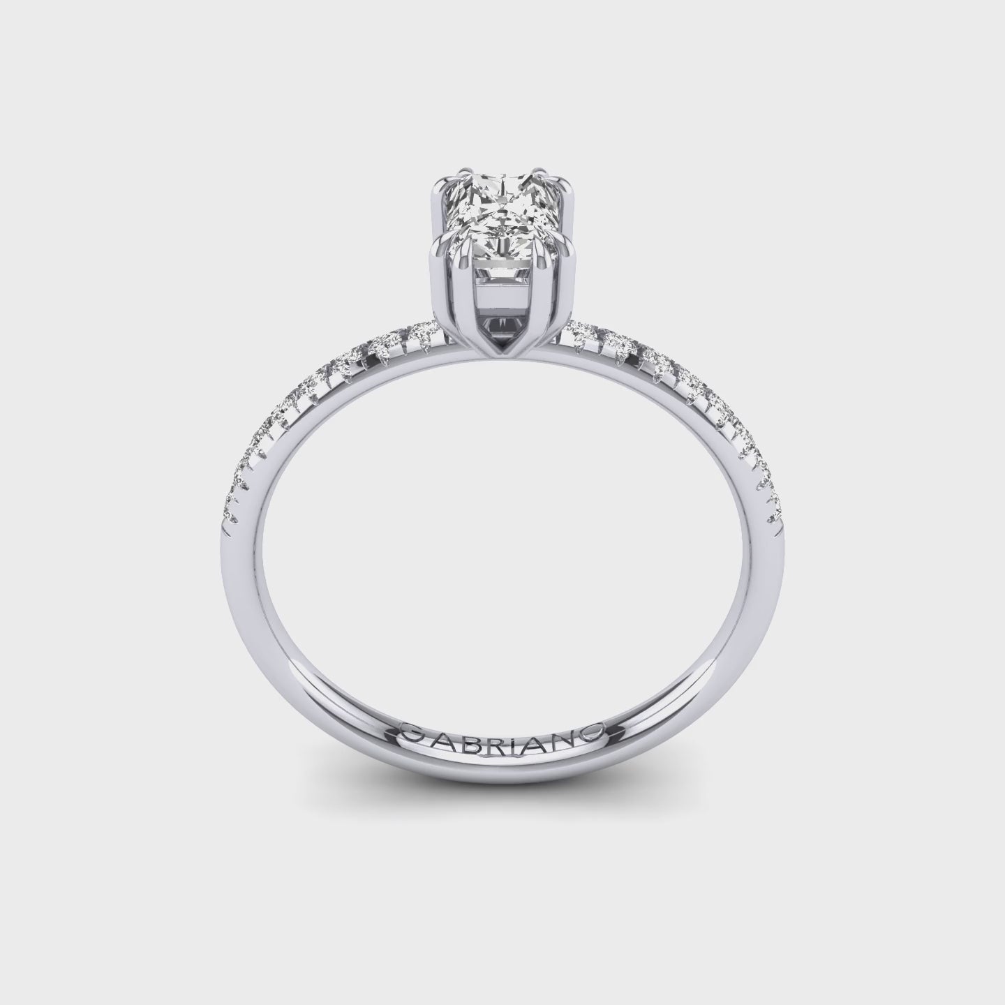 Gabriano Arborea 8 pençe tırnaklı tektaş yüzük; GIA-HRD sertifikalı radiant pırlanta ve beyaz altın montürün 360 videosu