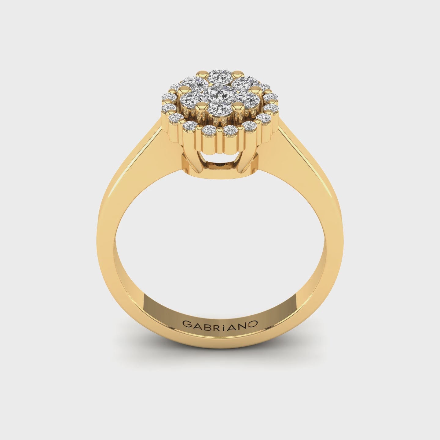 Gabriano Mellonia tektaş efektli yüzük; yuvarlak pırlanta ve sarı altın montürün 360 videosu