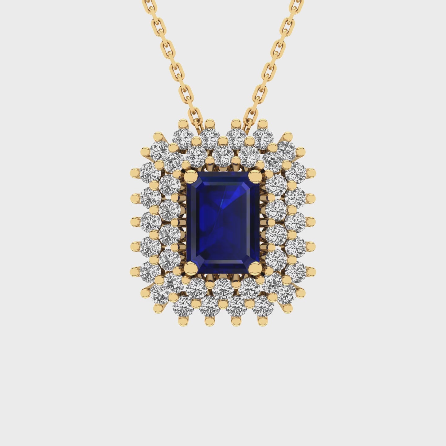 Gabriano Emilia 4 tırnaklı emerald kesim safir kolye;  yuvarlak pırlanta ve sarı altın kolye videosu
