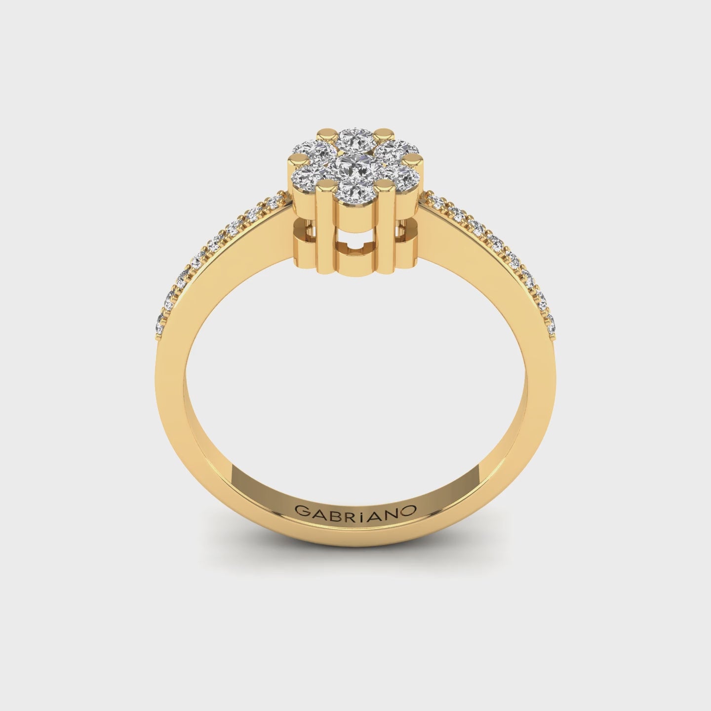 Gabriano Elsa tektaş efektli yüzük; yuvarlak pırlanta ve sarı altın montürün 360 videosu